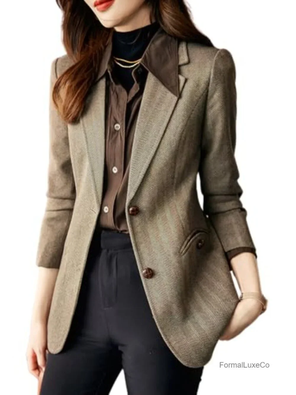 Wool Blend Notched Lapel Plaid Herringbone Blazer Jacket Single Breasted Slim